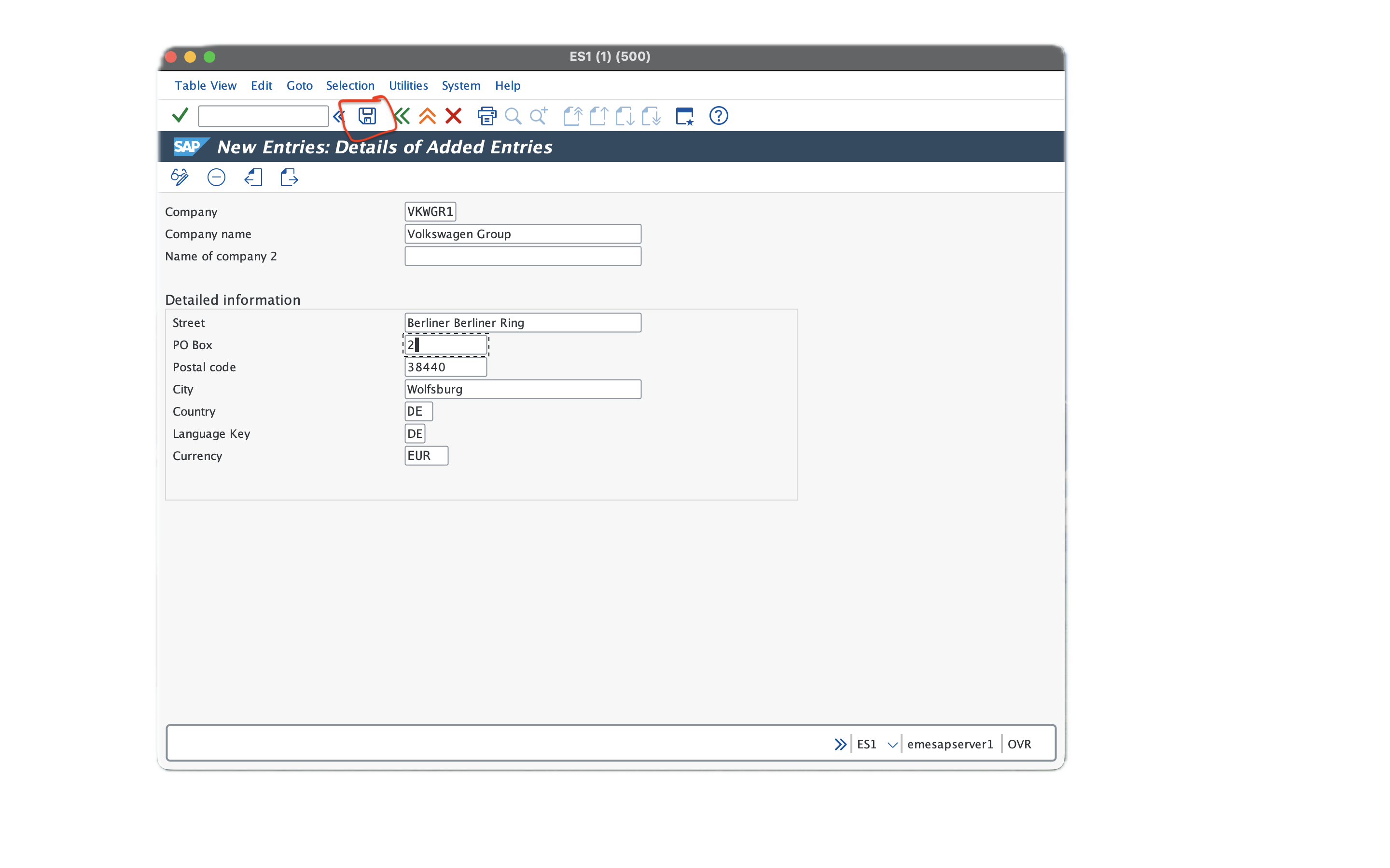 SAP company creation screen