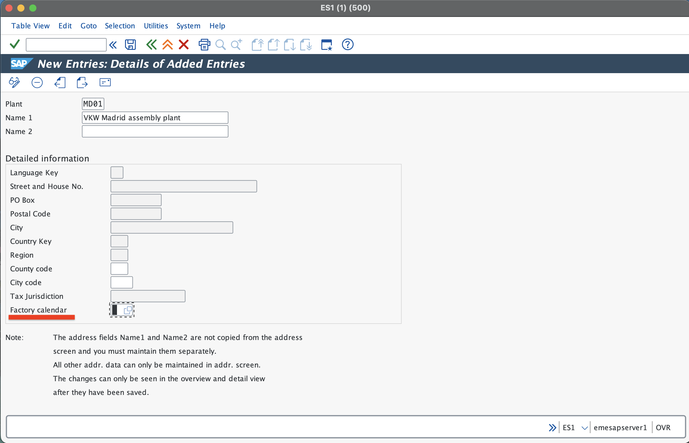 SAP plant creation screen