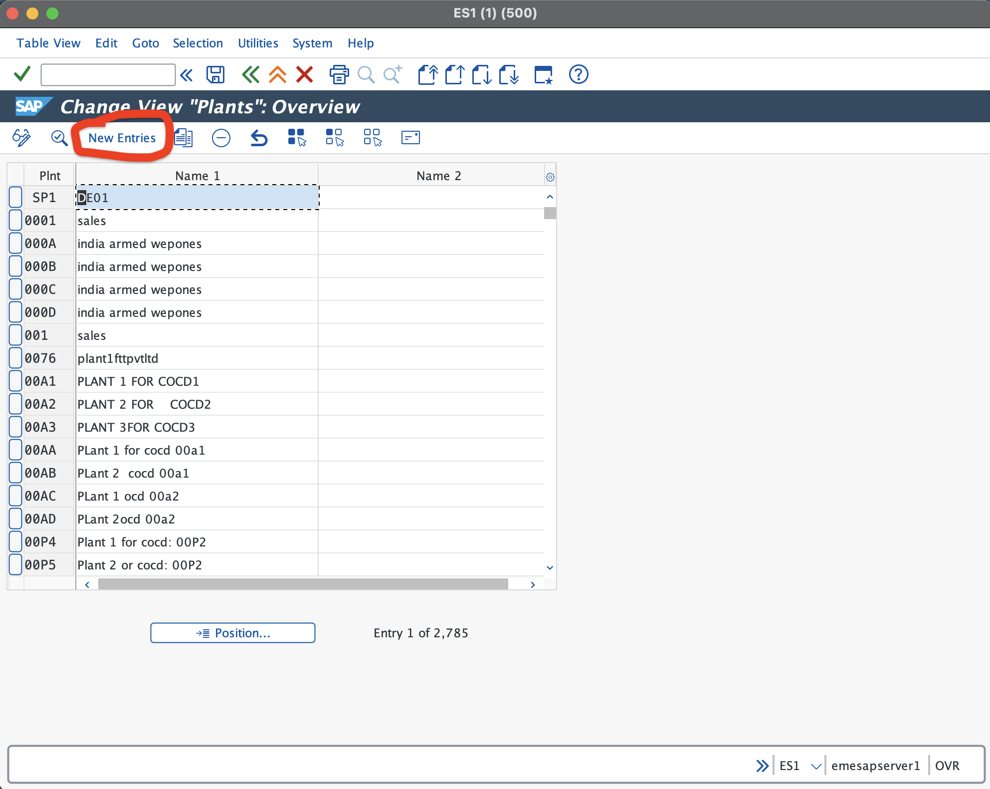 SAP plant creation screen